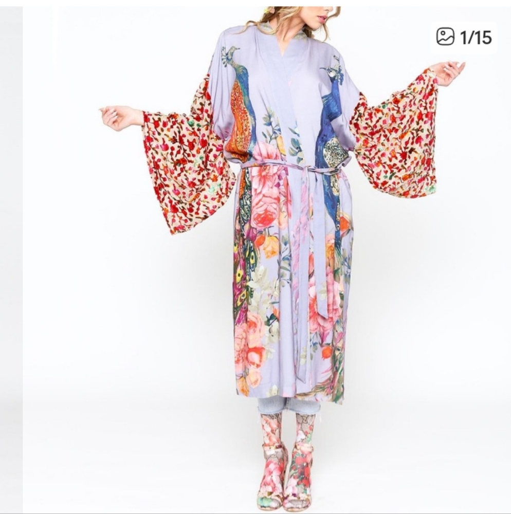 Anthropologie Lavender Floral & Peacock Kimono with Red Floral Sleeves